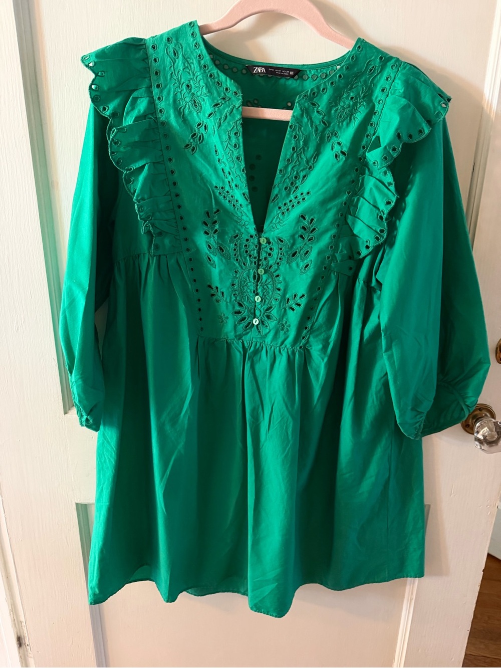Zara Emerald Eyelet Ruffle Tunic Top